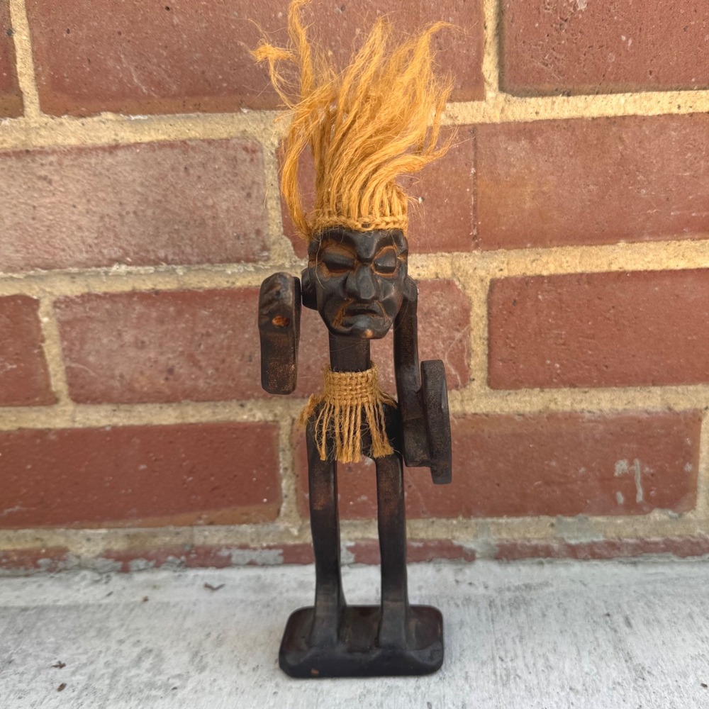 Vintage Hand Carved Wood Tribal Warrior Statue with Shield and Fiber Hair 8" - Picture 1 of 6